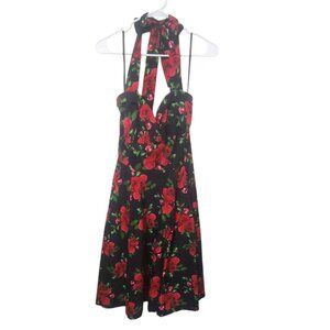 Hell Bunny Vixen XL Halter Dress Rockabilly Black Red Rose Pinup Swing Retro